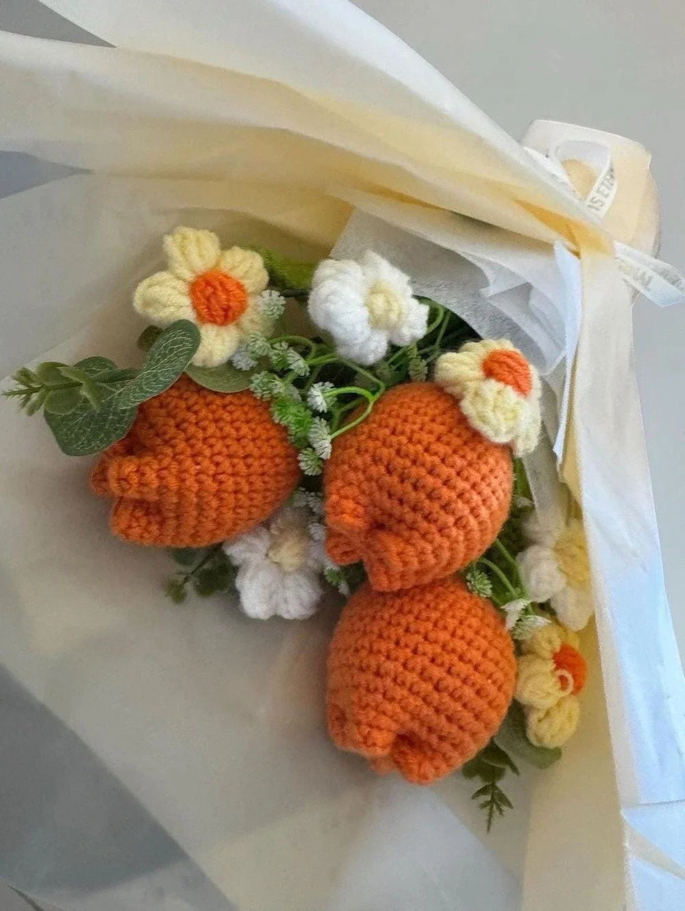 Fake Tulip Bouquet, Cream Tissue Wrapped, Non Wilting Flowers, Crochet Home